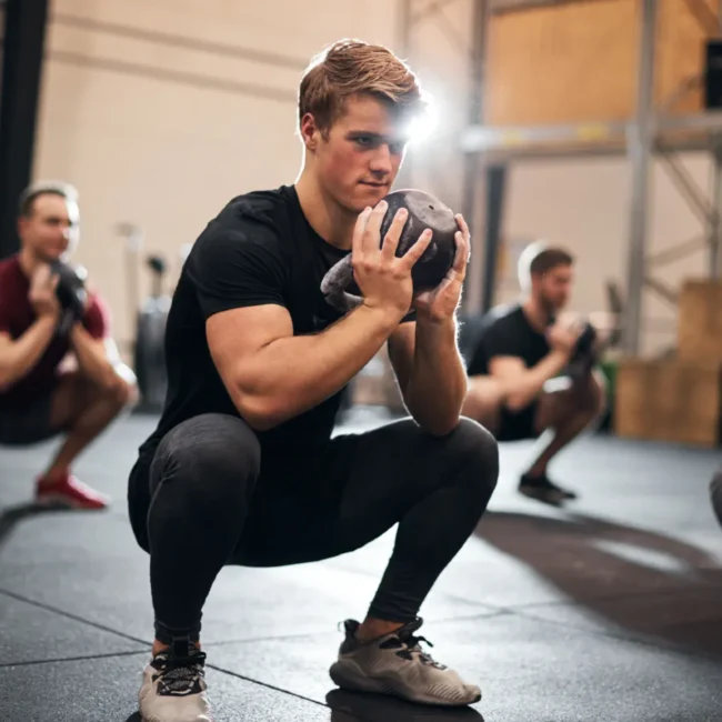 A member training with a kettlebell